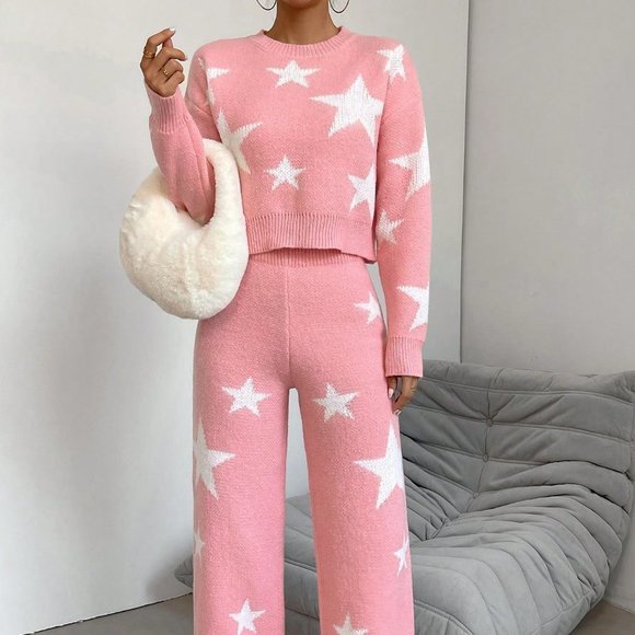 Pink Casual Womens Star Pattern Sweater & Knit Pants - Picture 5 of 5